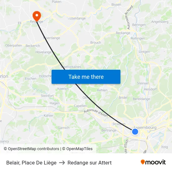 Belair, Place De Liège to Redange sur Attert map