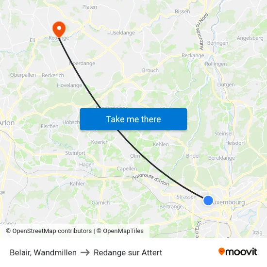 Belair, Wandmillen to Redange sur Attert map
