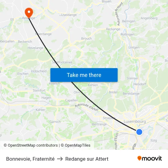 Bonnevoie, Fraternité to Redange sur Attert map