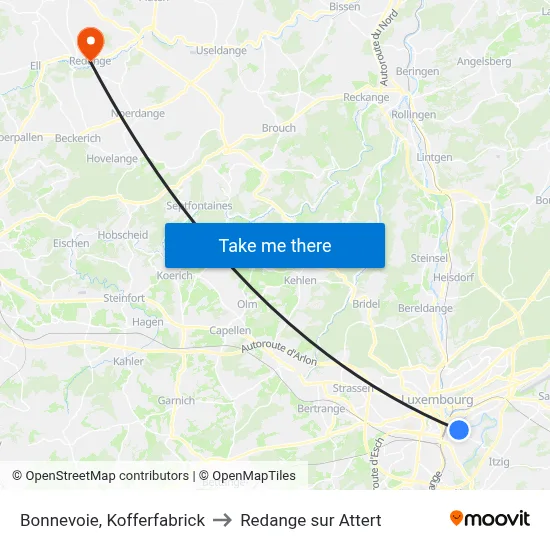 Bonnevoie, Kofferfabrick to Redange sur Attert map