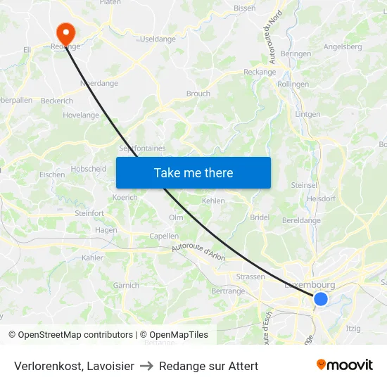 Verlorenkost, Lavoisier to Redange sur Attert map