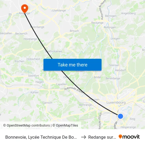 Bonnevoie, Lycée Technique De Bonnevoie/Quais to Redange sur Attert map