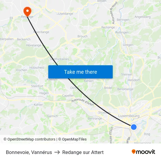 Bonnevoie, Vannérus to Redange sur Attert map