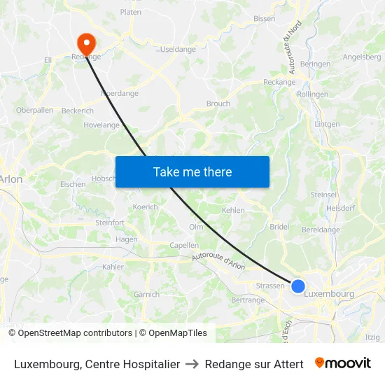 Luxembourg, Centre Hospitalier to Redange sur Attert map