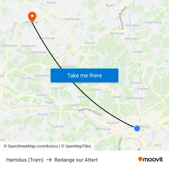 Hamilius (Tram) to Redange sur Attert map