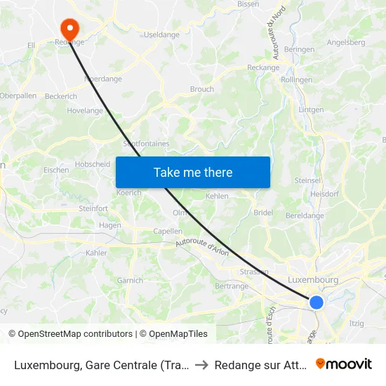 Luxembourg, Gare Centrale (Tram) to Redange sur Attert map