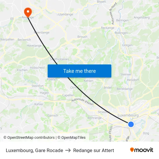 Luxembourg, Gare Rocade to Redange sur Attert map
