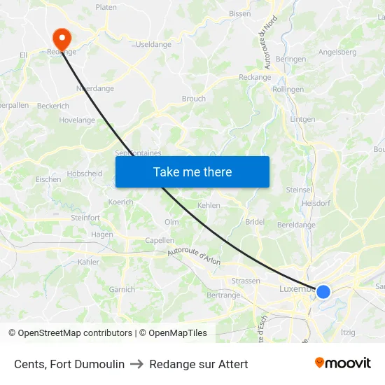 Cents, Fort Dumoulin to Redange sur Attert map