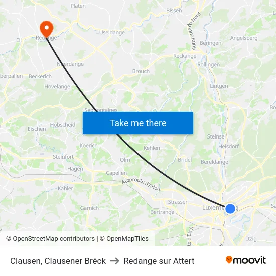 Clausen, Clausener Bréck to Redange sur Attert map