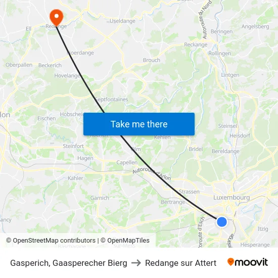 Gasperich, Gaasperecher Bierg to Redange sur Attert map