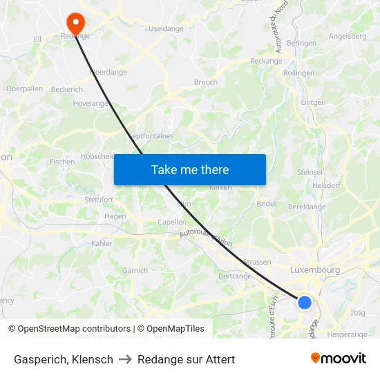 Gasperich, Klensch to Redange sur Attert map