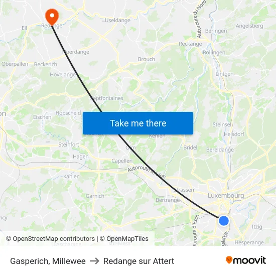 Gasperich, Millewee to Redange sur Attert map
