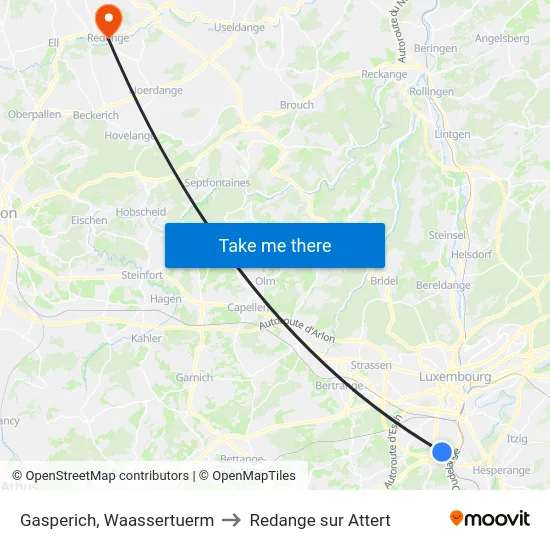 Gasperich, Waassertuerm to Redange sur Attert map