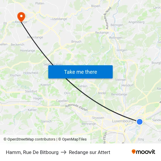 Hamm, Rue De Bitbourg to Redange sur Attert map
