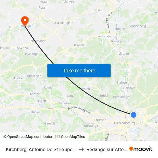Kirchberg, Antoine De St Exupéry to Redange sur Attert map