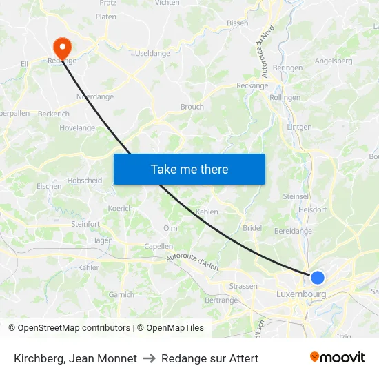 Kirchberg, Jean Monnet to Redange sur Attert map