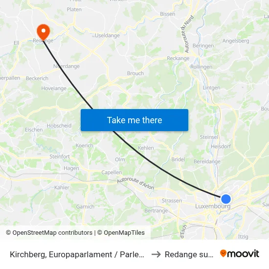 Kirchberg, Europaparlament / Parlement Européen to Redange sur Attert map