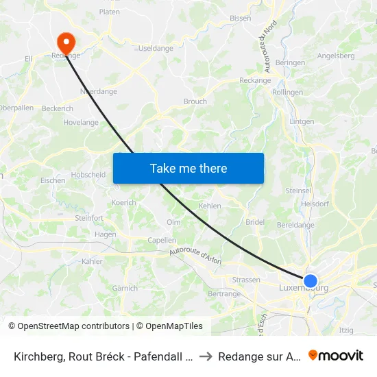 Kirchberg, Rout Bréck - Pafendall (Tram) to Redange sur Attert map