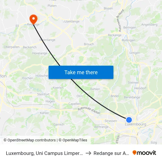 Luxembourg, Uni Campus Limpertsberg to Redange sur Attert map