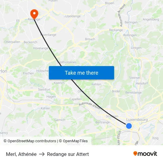 Merl, Athénée to Redange sur Attert map