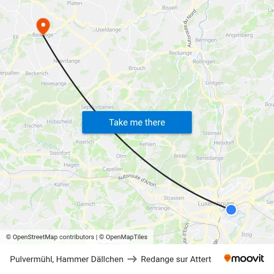 Pulvermühl, Hammer Dällchen to Redange sur Attert map
