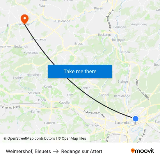 Weimershof, Bleuets to Redange sur Attert map