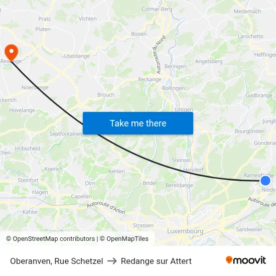 Oberanven, Rue Schetzel to Redange sur Attert map