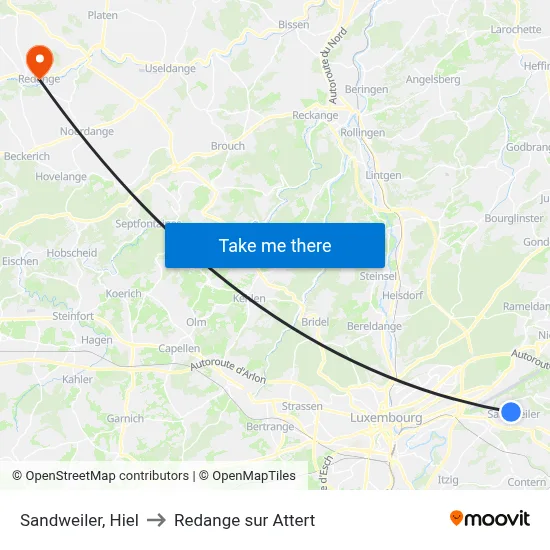 Sandweiler, Hiel to Redange sur Attert map