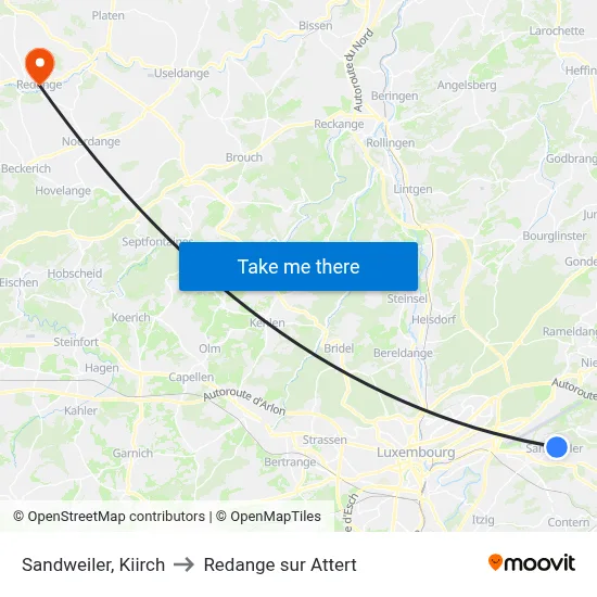 Sandweiler, Kiirch to Redange sur Attert map