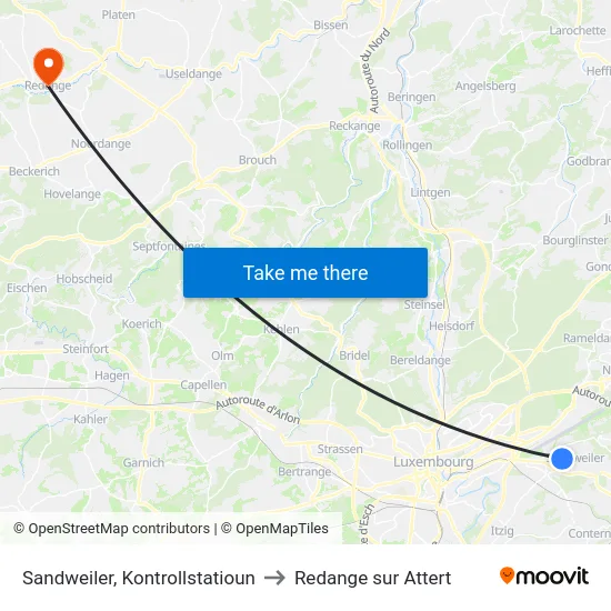 Sandweiler, Kontrollstatioun to Redange sur Attert map