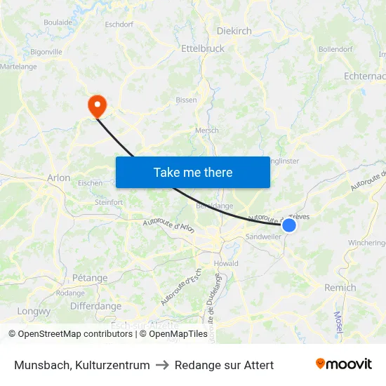 Munsbach, Kulturzentrum to Redange sur Attert map