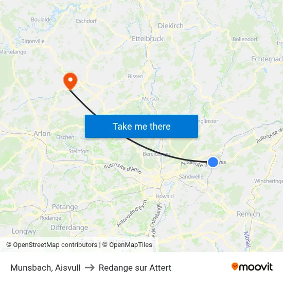 Munsbach, Aisvull to Redange sur Attert map