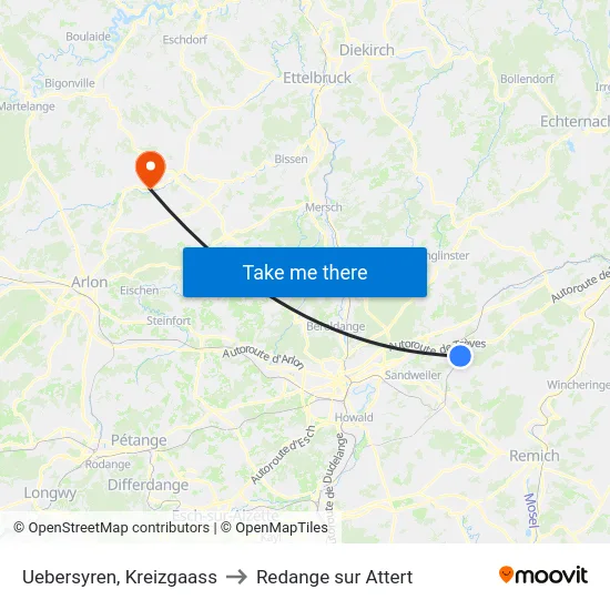 Uebersyren, Kreizgaass to Redange sur Attert map