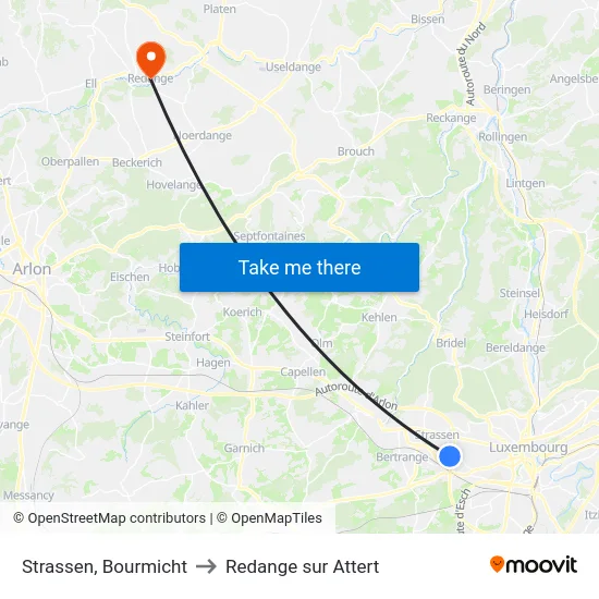 Strassen, Bourmicht to Redange sur Attert map
