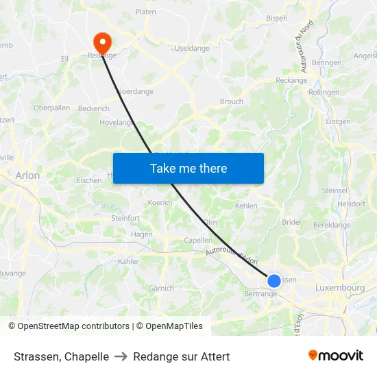 Strassen, Chapelle to Redange sur Attert map
