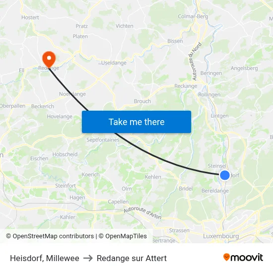 Heisdorf, Millewee to Redange sur Attert map