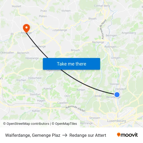 Walferdange, Gemenge Plaz to Redange sur Attert map