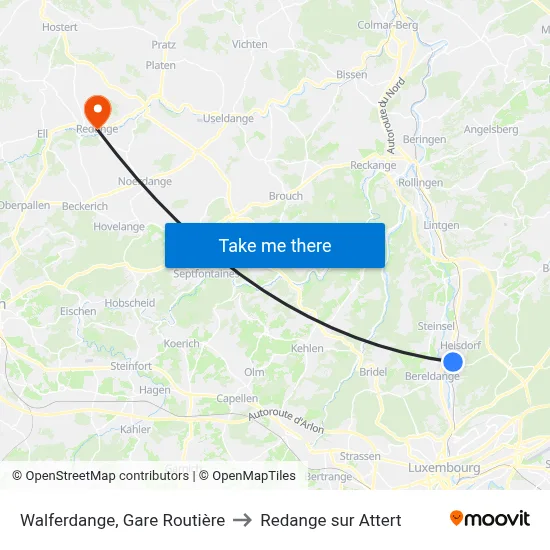 Walferdange, Gare Routière to Redange sur Attert map