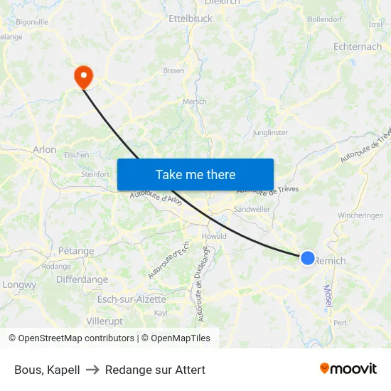 Bous, Kapell to Redange sur Attert map