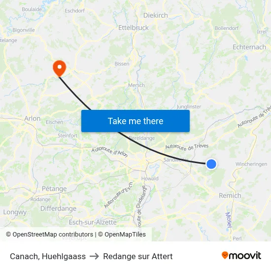 Canach, Huehlgaass to Redange sur Attert map