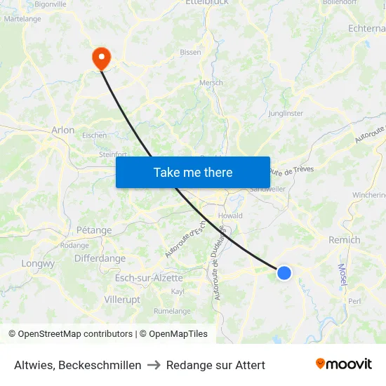 Altwies, Beckeschmillen to Redange sur Attert map