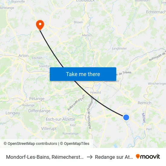 Mondorf-Les-Bains, Réimecherstrooss to Redange sur Attert map
