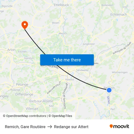 Remich, Gare Routière to Redange sur Attert map