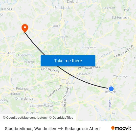 Stadtbredimus, Wandmillen to Redange sur Attert map
