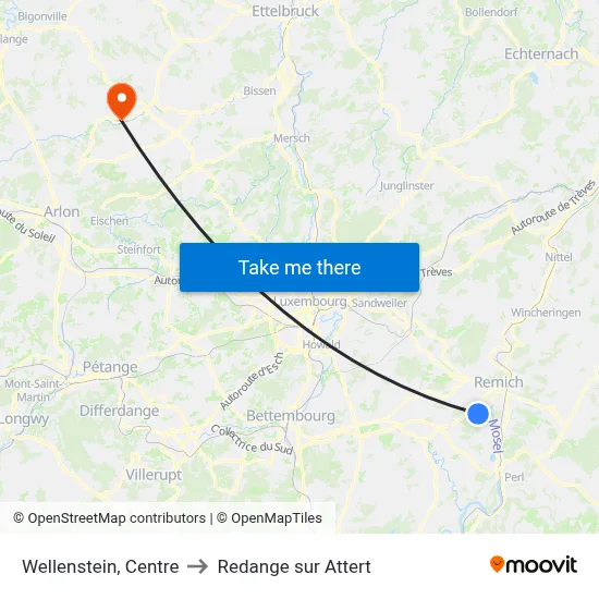 Wellenstein, Centre to Redange sur Attert map