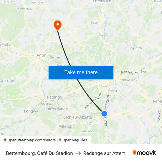 Bettembourg, Café Du Stadion to Redange sur Attert map