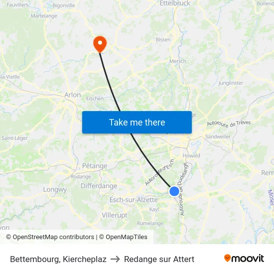 Bettembourg, Kiercheplaz to Redange sur Attert map
