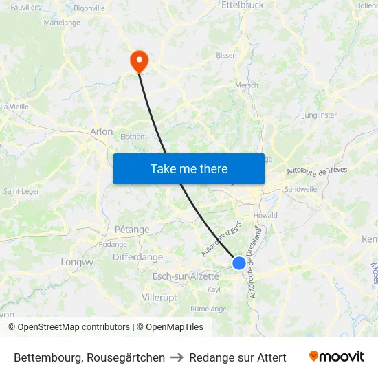 Bettembourg, Rousegärtchen to Redange sur Attert map