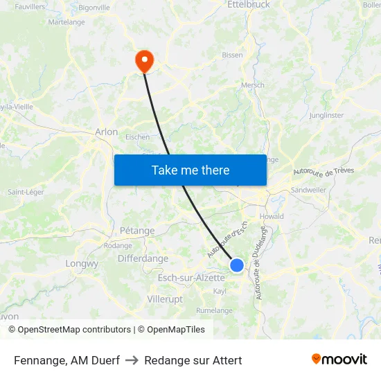 Fennange, AM Duerf to Redange sur Attert map