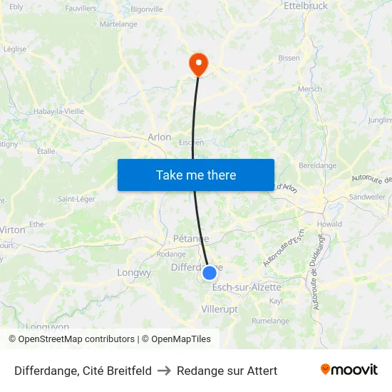 Differdange, Cité Breitfeld to Redange sur Attert map